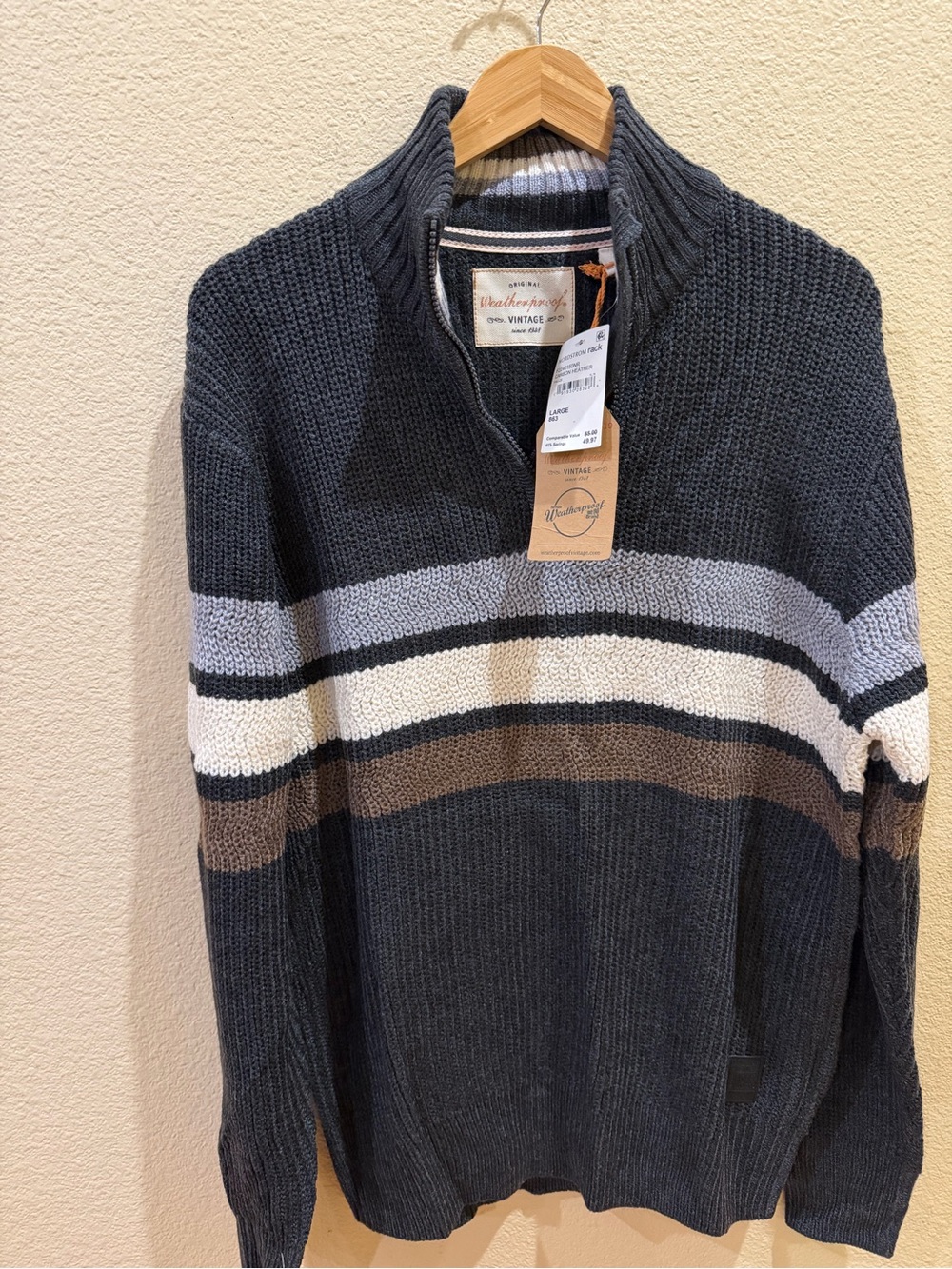 Vintage Style Men’s Half-Zip Sweater in Dark Gray with Cream & Brown Stripes
